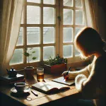 窓辺で朝の光を浴びながらジャーナリングをする人物。穏やかな時間と内省の瞬間。